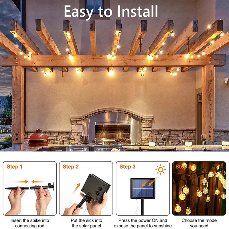 Outdoor LED Solar String Lights – 60 LED Crystal Globe Lights with 8 Modes for Patio & Garden Decor