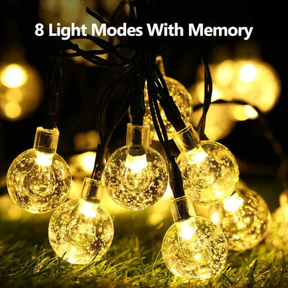 Outdoor LED Solar String Lights  – 60 LED Crystal Globe Lights with 8 Modes for Patio & Garden Decor