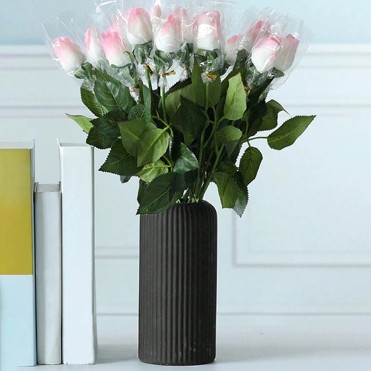 Striped Ceramic-Style Plastic Vase – Elegant Floral Display for Any Space