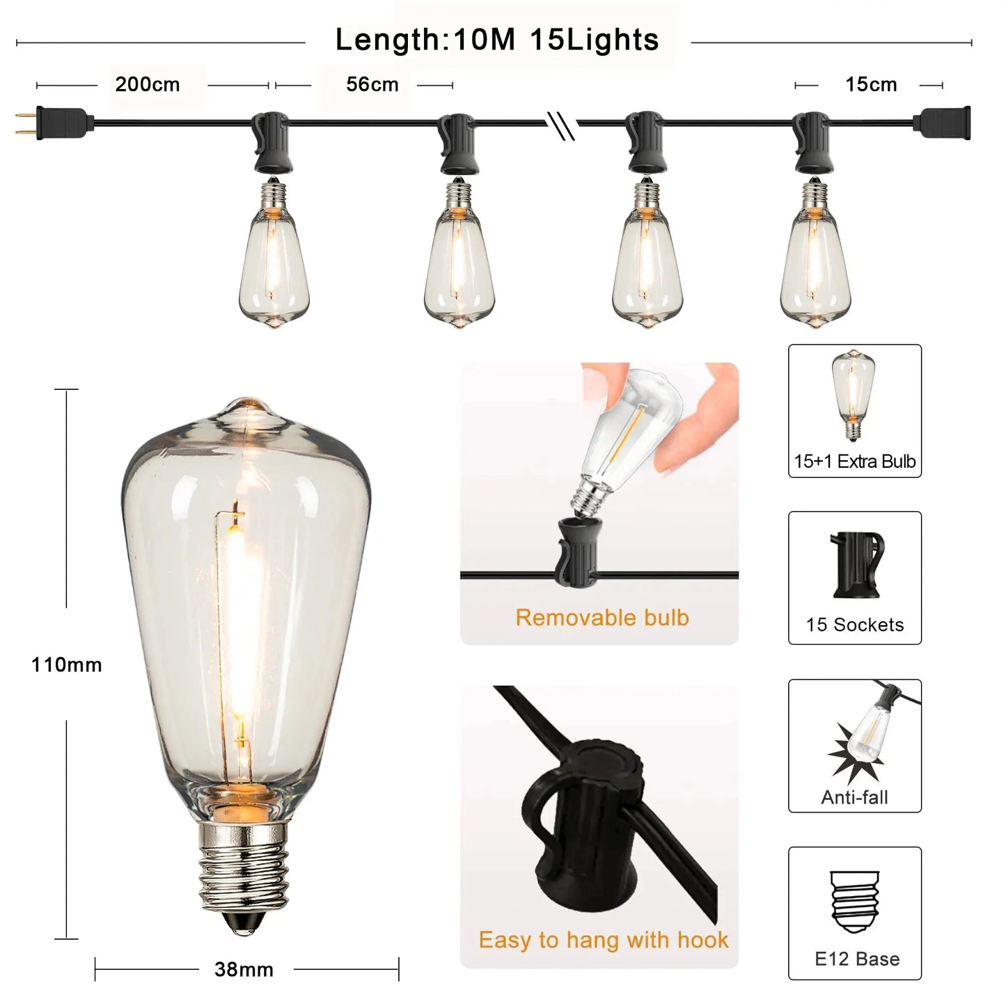 ST38 Outdoor String Lights – Connectable, Waterproof & Shatterproof LED Bulbs for Patio & Garden