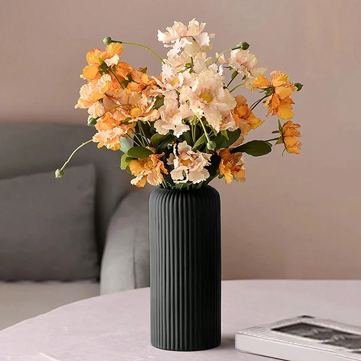 Striped Ceramic-Style Plastic Vase – Elegant Floral Display for Any Space