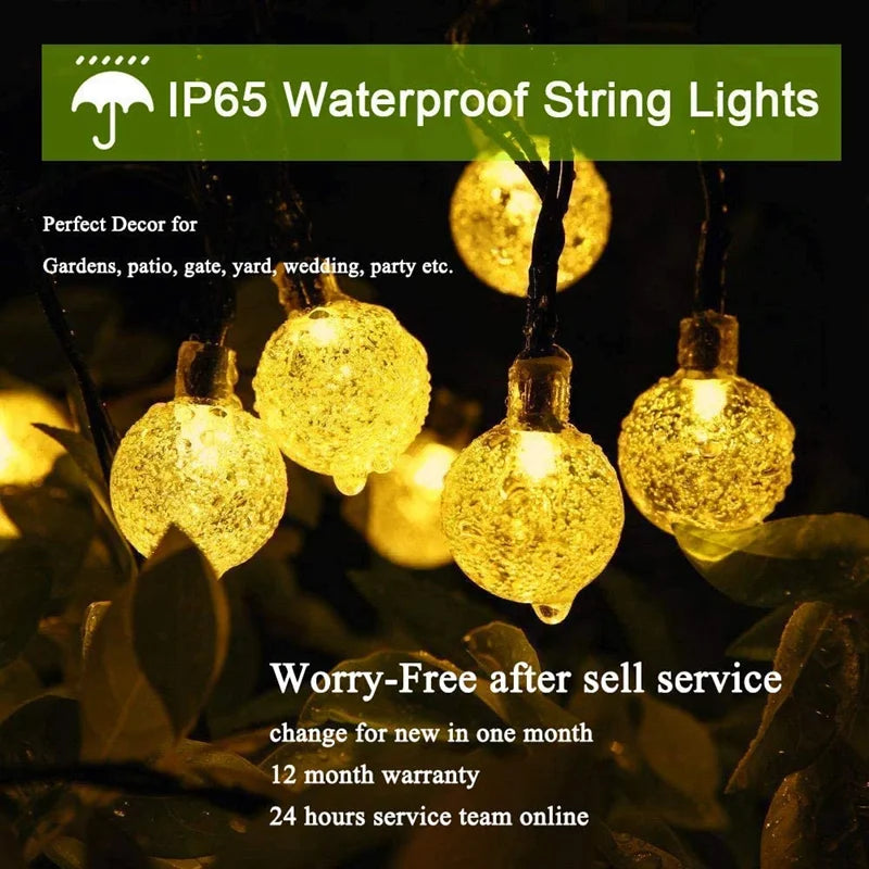 Outdoor LED Solar String Lights  – 60 LED Crystal Globe Lights with 8 Modes for Patio & Garden Decor