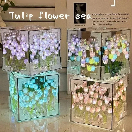 🌷 DIY Handmade Tulip Mirror Cube  Lamp – Floral Night Light for Cozy Bedrooms