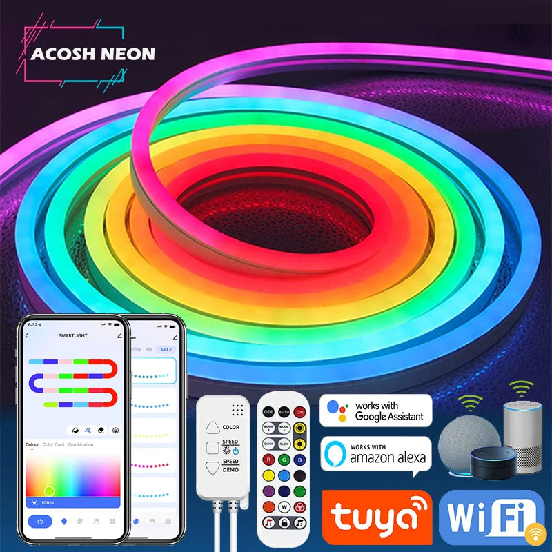 🔆 TUYA Smart Neon LED Strip – Music Sync & Chasing RGBIC Lights for Stunning Decor!